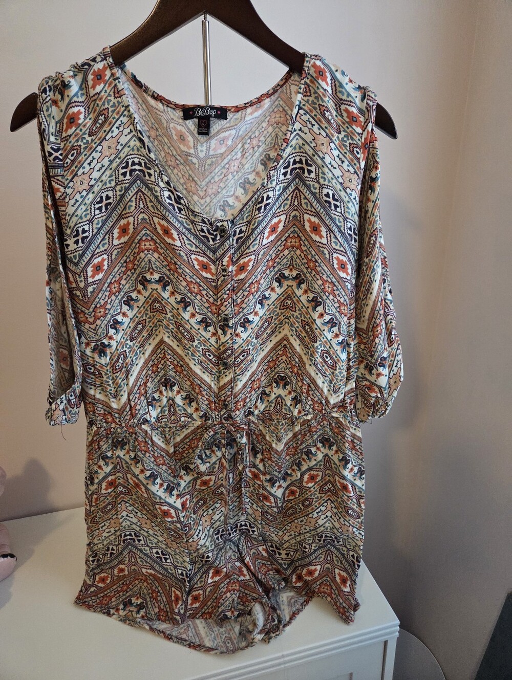 BeBop Orange, Blue & Cream Tribal Print Romper with Drawstring Waist